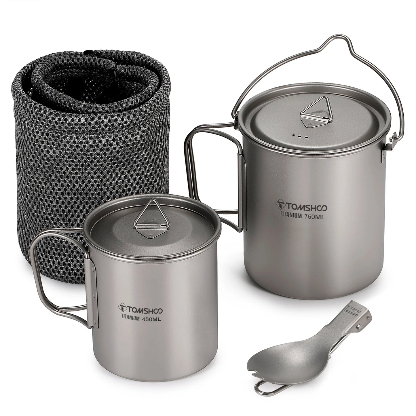Tomshoo 3-teiliges Kochgeschirrset aus Titan: ultraleichter 750-ml-Topf, 450-ml-Trinkbecher mit Deckel und klappbarer Gabel-Löffel-Kombination für Outdoor, Camping und Rucksacktouren