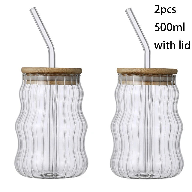 1/2 Stück 500 ml Glasbecher mit Strohhalm Mason Jar Klarer Saft-Kaffee-Milchbecher mit Bambusdeckel Trinkgefäß gestreifter Bierkrug