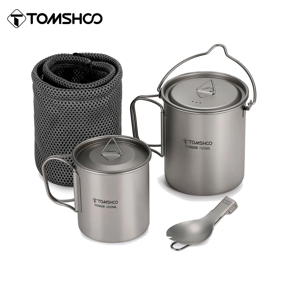Tomshoo 3-teiliges Kochgeschirrset aus Titan: ultraleichter 750-ml-Topf, 450-ml-Trinkbecher mit Deckel und klappbarer Gabel-Löffel-Kombination für Outdoor, Camping und Rucksacktouren