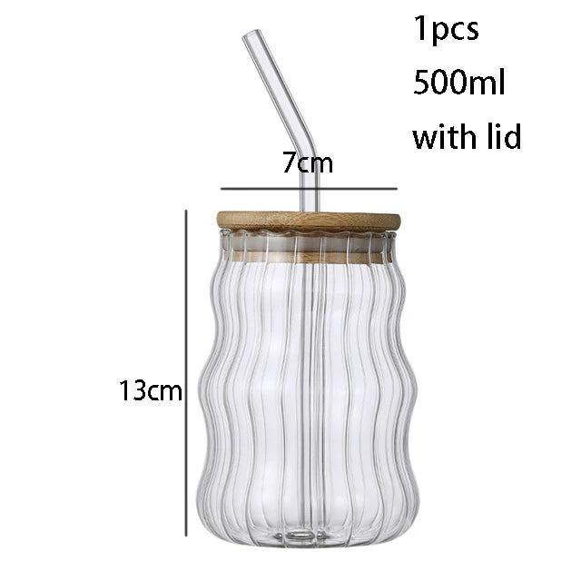 1/2 Stück 500 ml Glasbecher mit Strohhalm Mason Jar Klarer Saft-Kaffee-Milchbecher mit Bambusdeckel Trinkgefäß gestreifter Bierkrug