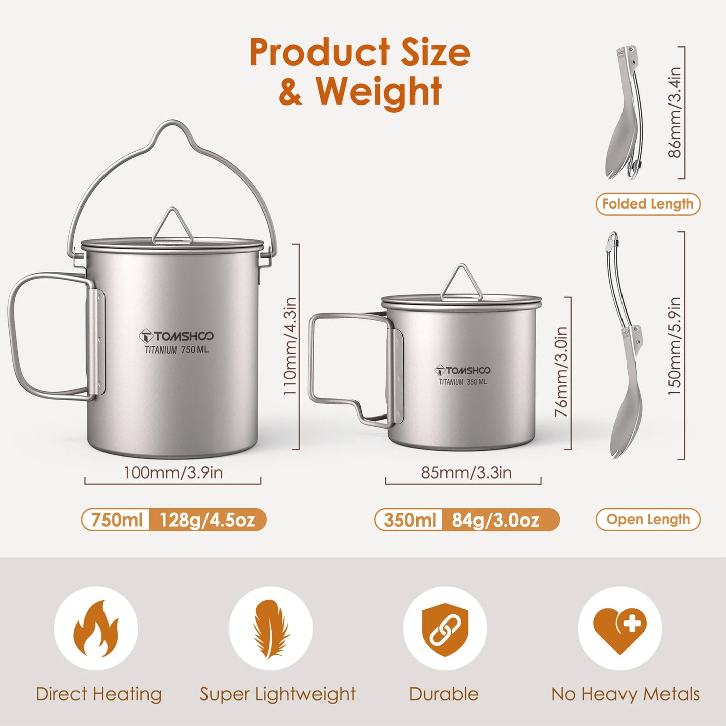 Tomshoo 3-teiliges Kochgeschirrset aus Titan: ultraleichter 750-ml-Topf, 450-ml-Trinkbecher mit Deckel und klappbarer Gabel-Löffel-Kombination für Outdoor, Camping und Rucksacktouren