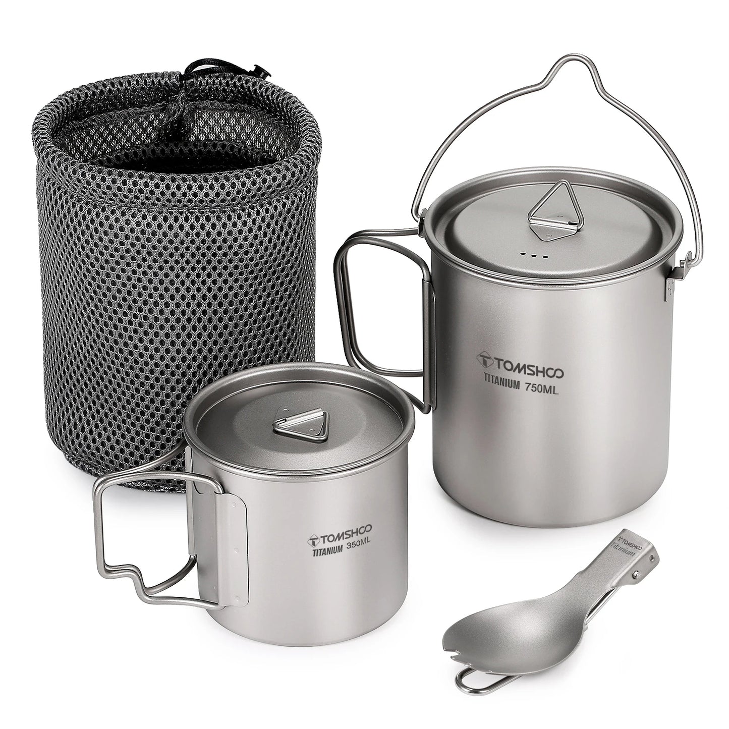 Tomshoo 3-teiliges Kochgeschirrset aus Titan: ultraleichter 750-ml-Topf, 450-ml-Trinkbecher mit Deckel und klappbarer Gabel-Löffel-Kombination für Outdoor, Camping und Rucksacktouren